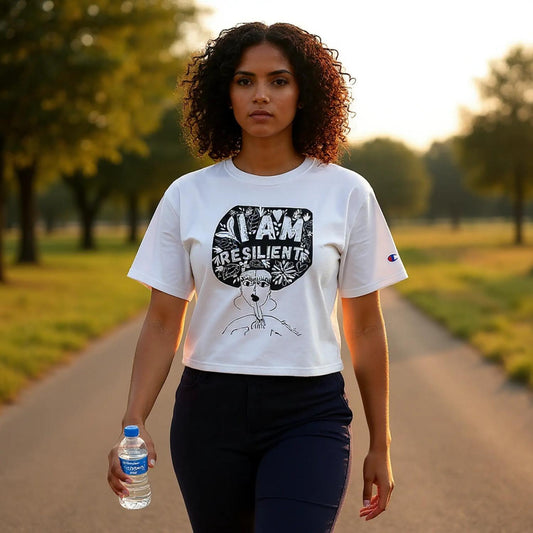 Woman walking outdoors wearing a white t-shirt with a graphic design and text. black artist gullah folk art
